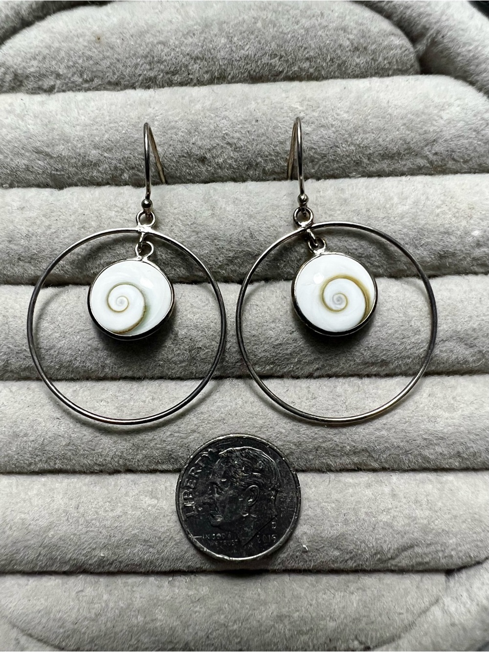 White Shiva Shell Drop Hoop Earrings - 925 Silver